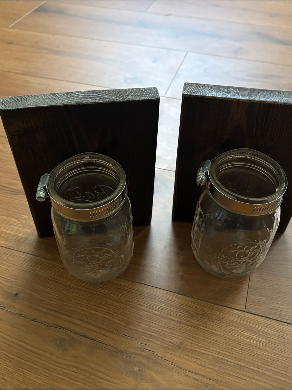 Rustic Dark Wood Mason Jar Wall Sconces with Clear Glass Jars